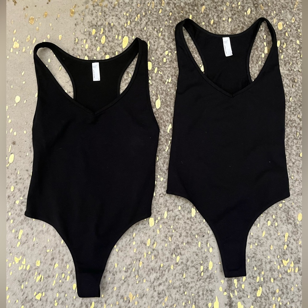 American Apparel V-neck, black racerback thong bodysuit Lot of 2 NEW Size M NWOT